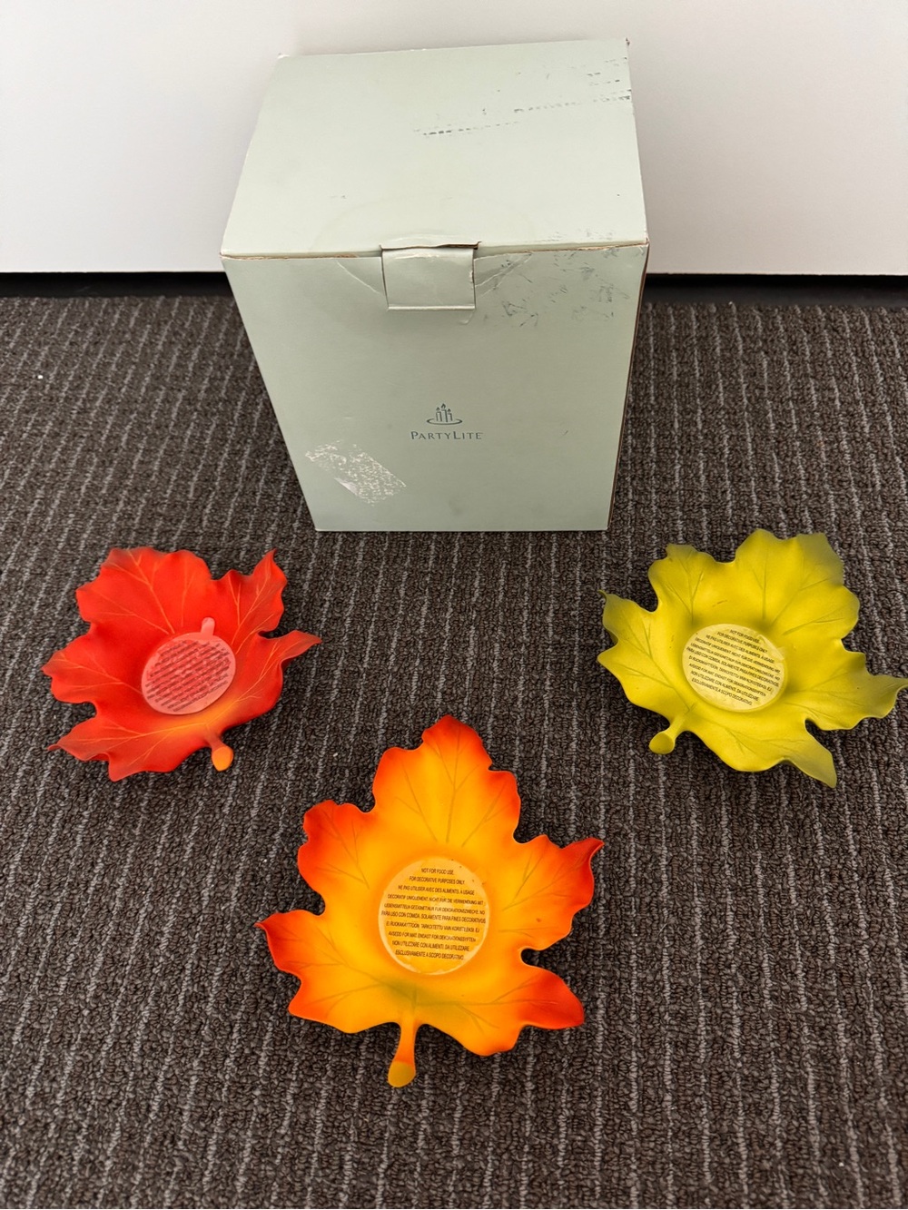 3 Pc. Party Lite Porcelain Autumn Leaves Candleholders Fall Decor W/Box
